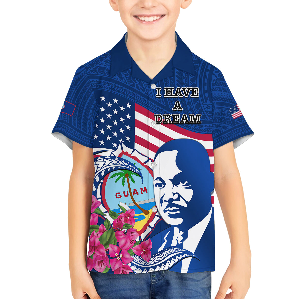Guam Martin Luther King Jr Day Family Matching Off Shoulder Short Dress and Hawaiian Shirt I Have A Dream Guahan Seal With Bougainvillea LT14 Son's Shirt Blue - Polynesian Pride