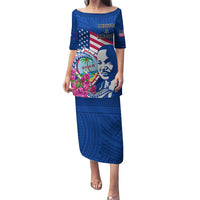 Guam Martin Luther King Jr Day Family Matching Puletasi Dress and Hawaiian Shirt I Have A Dream Guahan Seal With Bougainvillea LT14 Mom's Dress Blue - Polynesian Pride