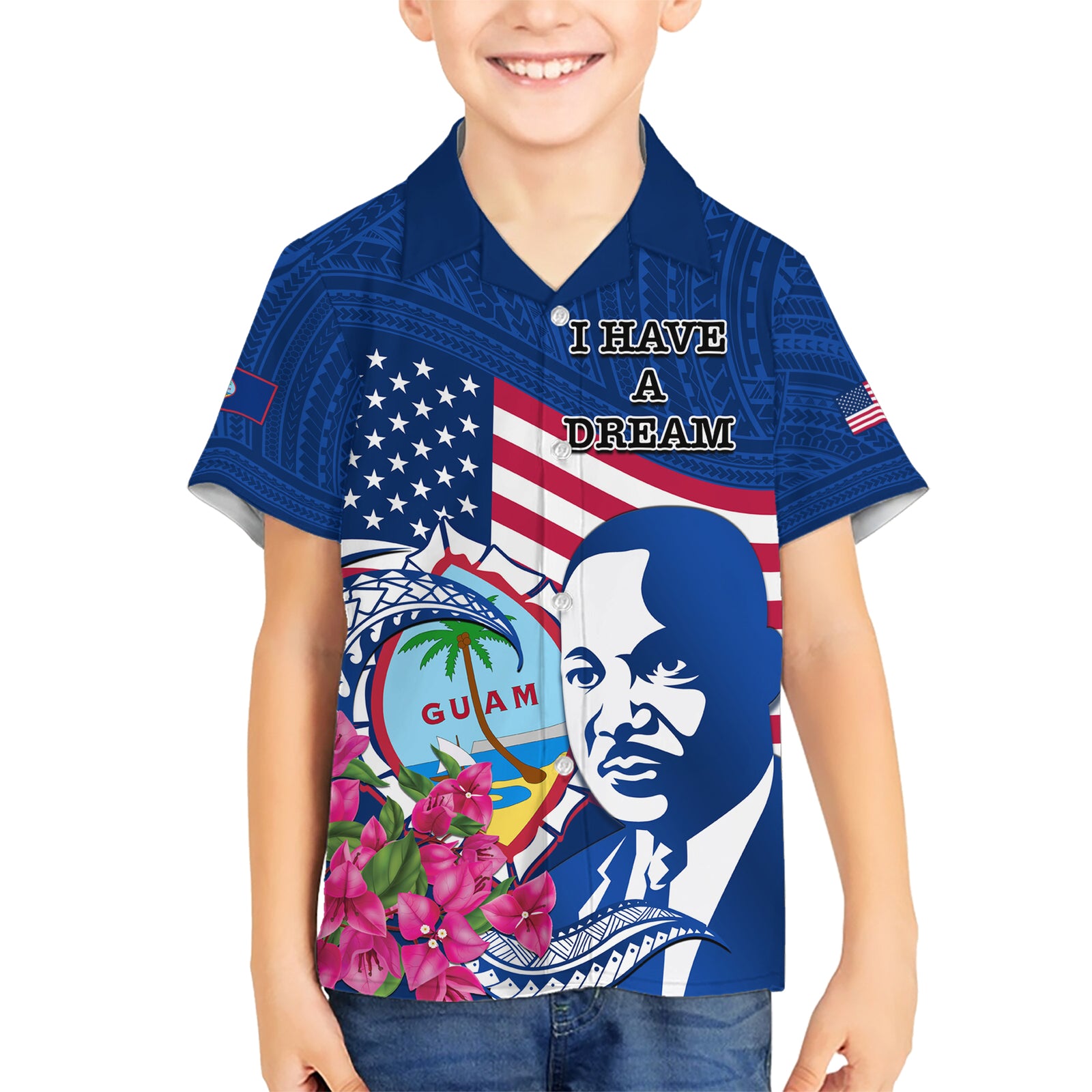 Guam Martin Luther King Jr Day Kid Hawaiian Shirt I Have A Dream Guahan Seal With Bougainvillea LT14 Kid Blue - Polynesian Pride