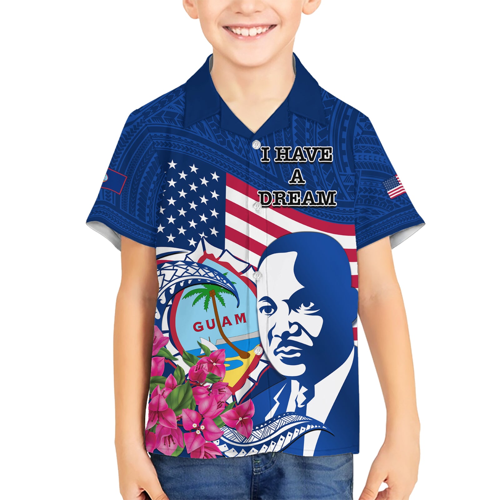 Guam Martin Luther King Jr Day Kid Hawaiian Shirt I Have A Dream Guahan Seal With Bougainvillea LT14 Kid Blue - Polynesian Pride