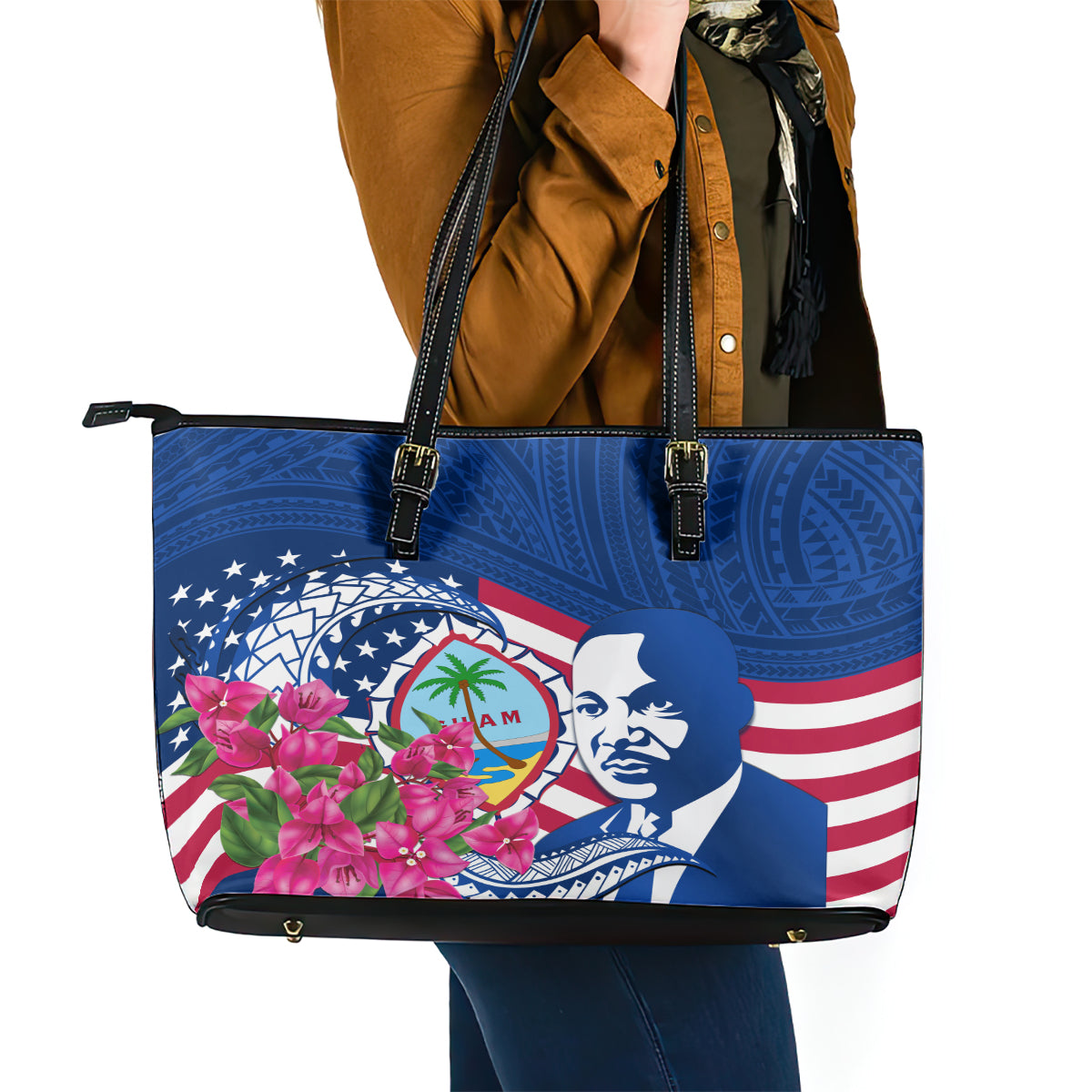 Guam Martin Luther King Jr Day Leather Tote Bag I Have A Dream Guahan Seal With Bougainvillea LT14 - Polynesian Pride