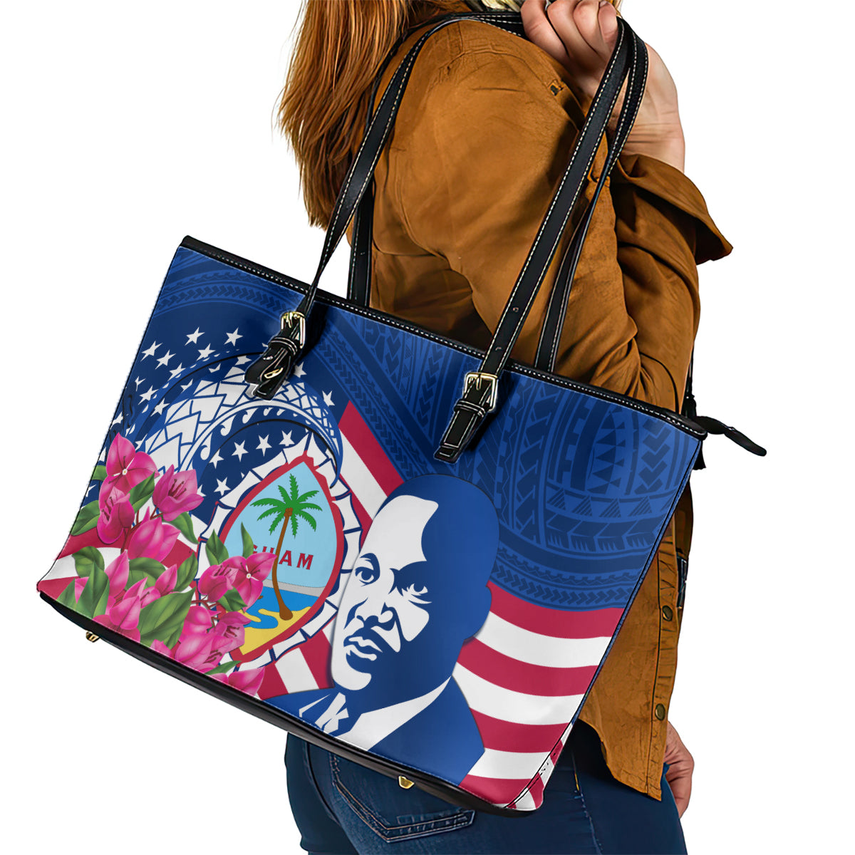 Guam Martin Luther King Jr Day Leather Tote Bag I Have A Dream Guahan Seal With Bougainvillea LT14 - Polynesian Pride