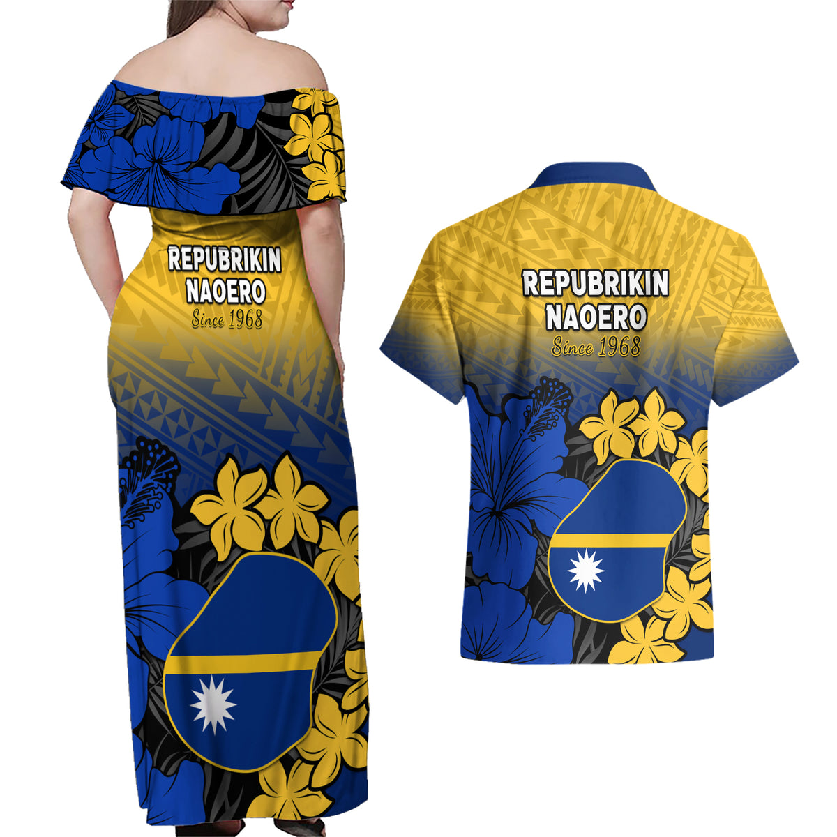 Nauru Independence Day Couples Matching Off Shoulder Maxi Dress and Hawaiian Shirt Repubrikin Naoero Polynesian Pattern LT14 - Polynesian Pride