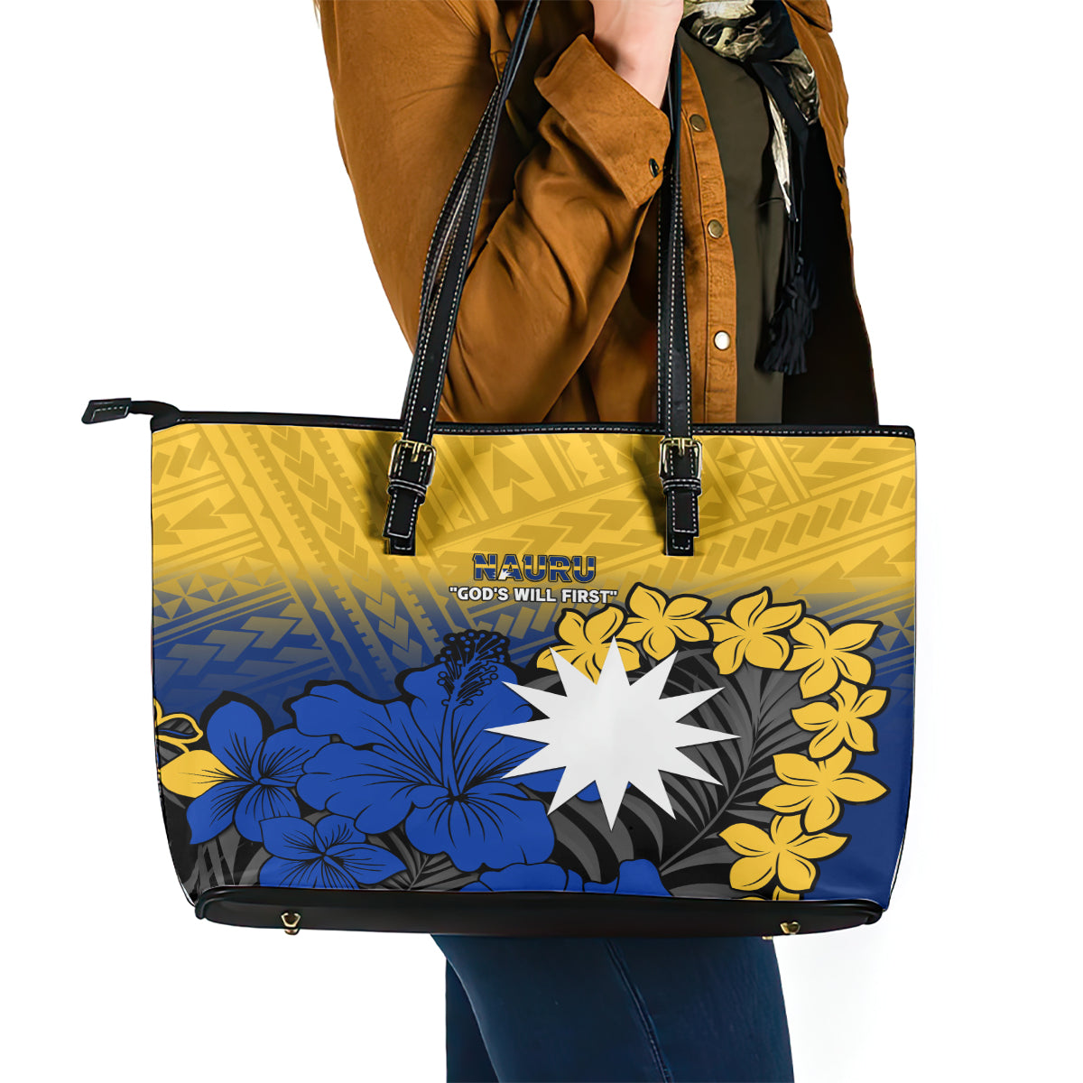 Nauru Independence Day Leather Tote Bag Repubrikin Naoero Polynesian Pattern LT14 - Polynesian Pride