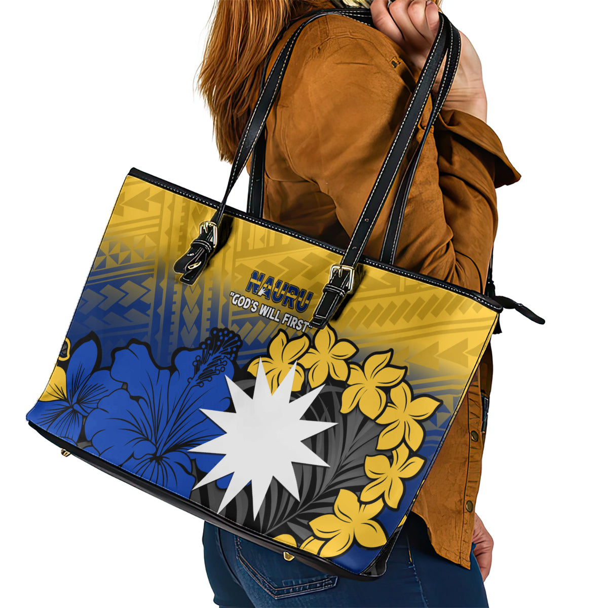 Nauru Independence Day Leather Tote Bag Repubrikin Naoero Polynesian Pattern LT14 - Polynesian Pride