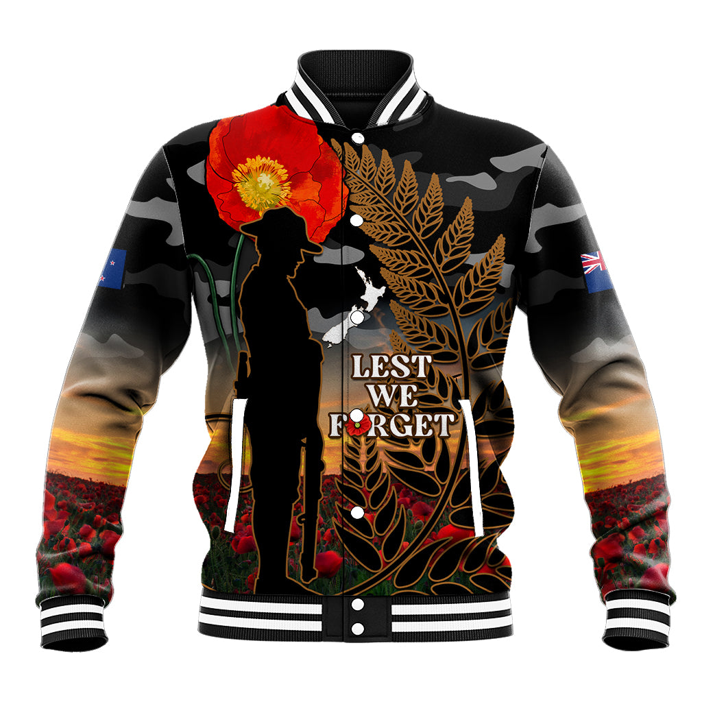 New Zealand ANZAC Day Baseball Jacket Lest We Forget Silver Fern With Camouflage LT14 Unisex Black - Polynesian Pride