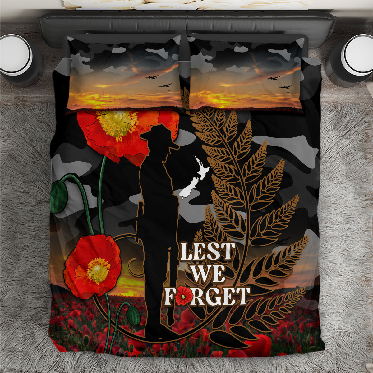 New Zealand ANZAC Day Bedding Set Lest We Forget Silver Fern With Camouflage LT14 Black - Polynesian Pride