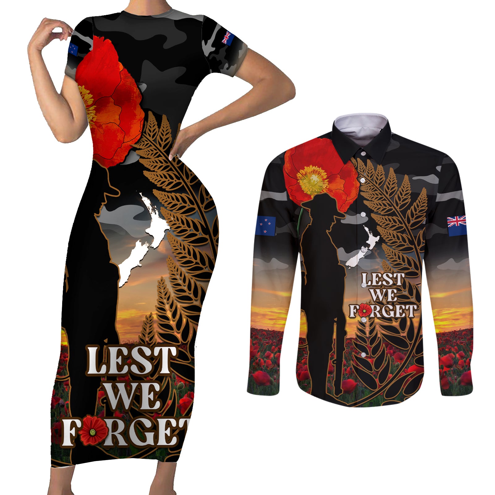 New Zealand ANZAC Day Couples Matching Short Sleeve Bodycon Dress and Long Sleeve Button Shirt Lest We Forget Silver Fern With Camouflage LT14 Black - Polynesian Pride