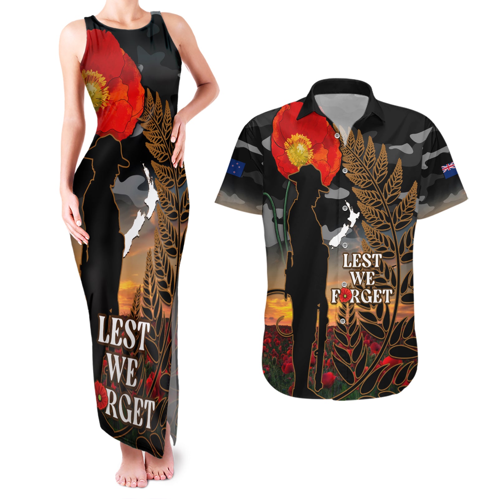 New Zealand ANZAC Day Couples Matching Tank Maxi Dress and Hawaiian Shirt Lest We Forget Silver Fern With Camouflage LT14 Black - Polynesian Pride