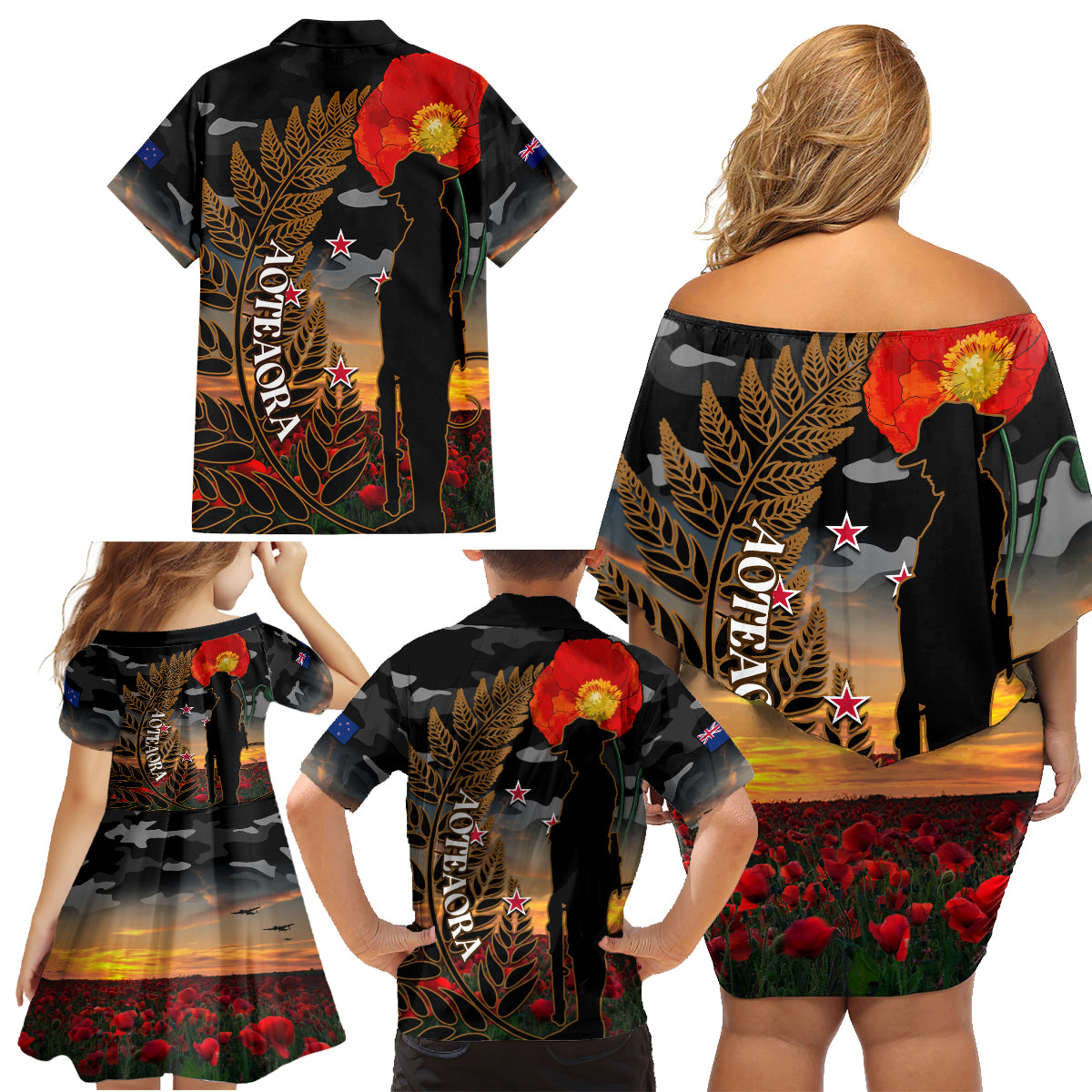 New Zealand ANZAC Day Family Matching Off Shoulder Short Dress and Hawaiian Shirt Lest We Forget Silver Fern With Camouflage LT14 - Polynesian Pride
