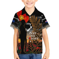 New Zealand ANZAC Day Family Matching Short Sleeve Bodycon Dress and Hawaiian Shirt Lest We Forget Silver Fern With Camouflage LT14 Son's Shirt Black - Polynesian Pride