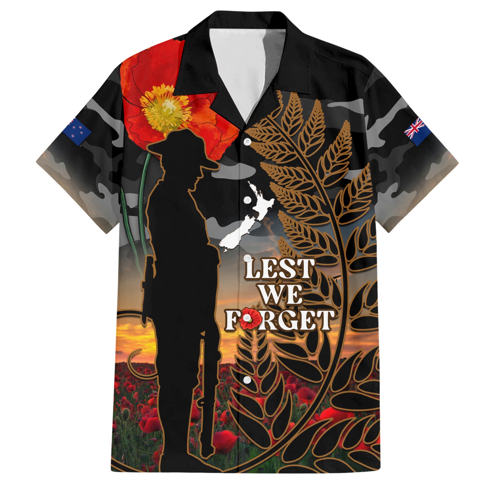 New Zealand ANZAC Day Hawaiian Shirt Lest We Forget Silver Fern With Camouflage LT14 Black - Polynesian Pride