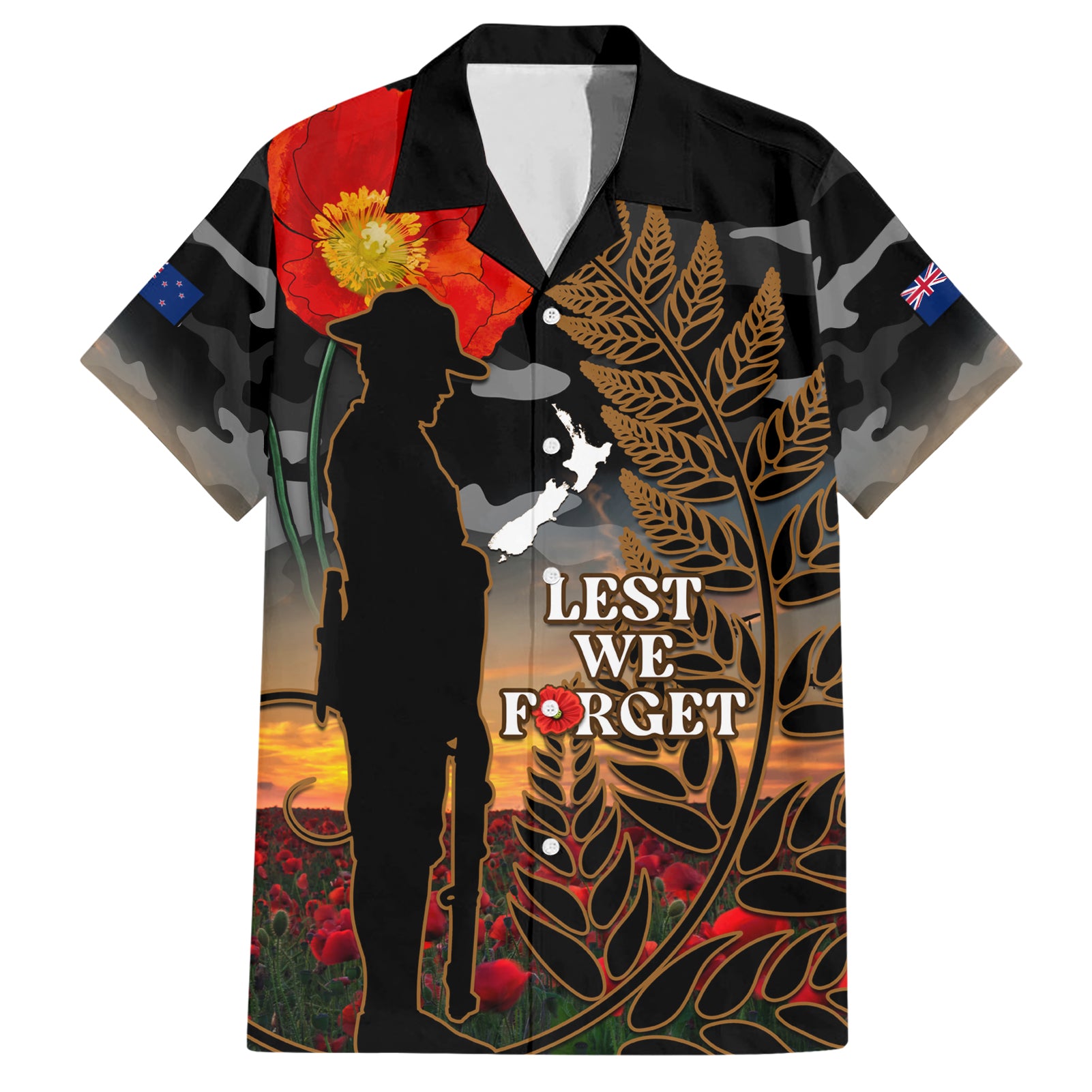 New Zealand ANZAC Day Hawaiian Shirt Lest We Forget Silver Fern With Camouflage LT14 Black - Polynesian Pride