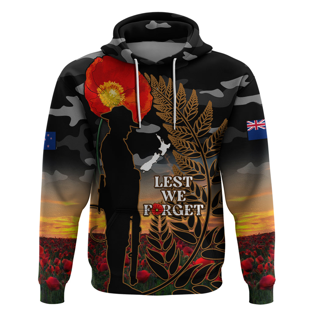 New Zealand ANZAC Day Hoodie Lest We Forget Silver Fern With Camouflage LT14 Black - Polynesian Pride