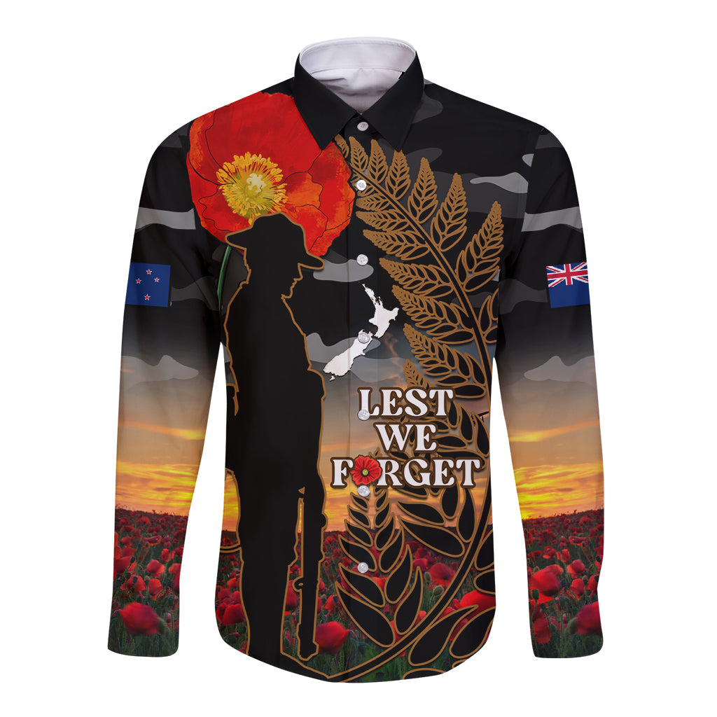 New Zealand ANZAC Day Long Sleeve Button Shirt Lest We Forget Silver Fern With Camouflage LT14 Unisex Black - Polynesian Pride