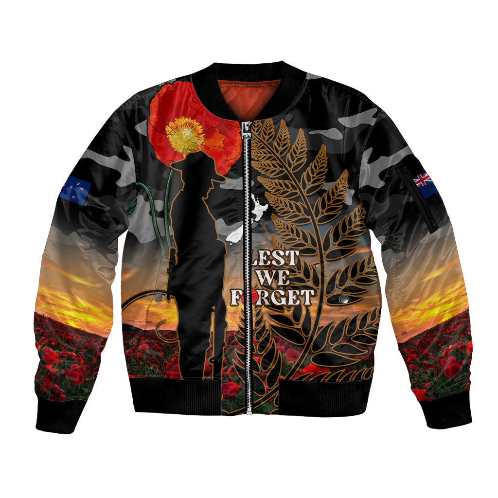 New Zealand ANZAC Day Sleeve Zip Bomber Jacket Lest We Forget Silver Fern With Camouflage LT14 Unisex Black - Polynesian Pride