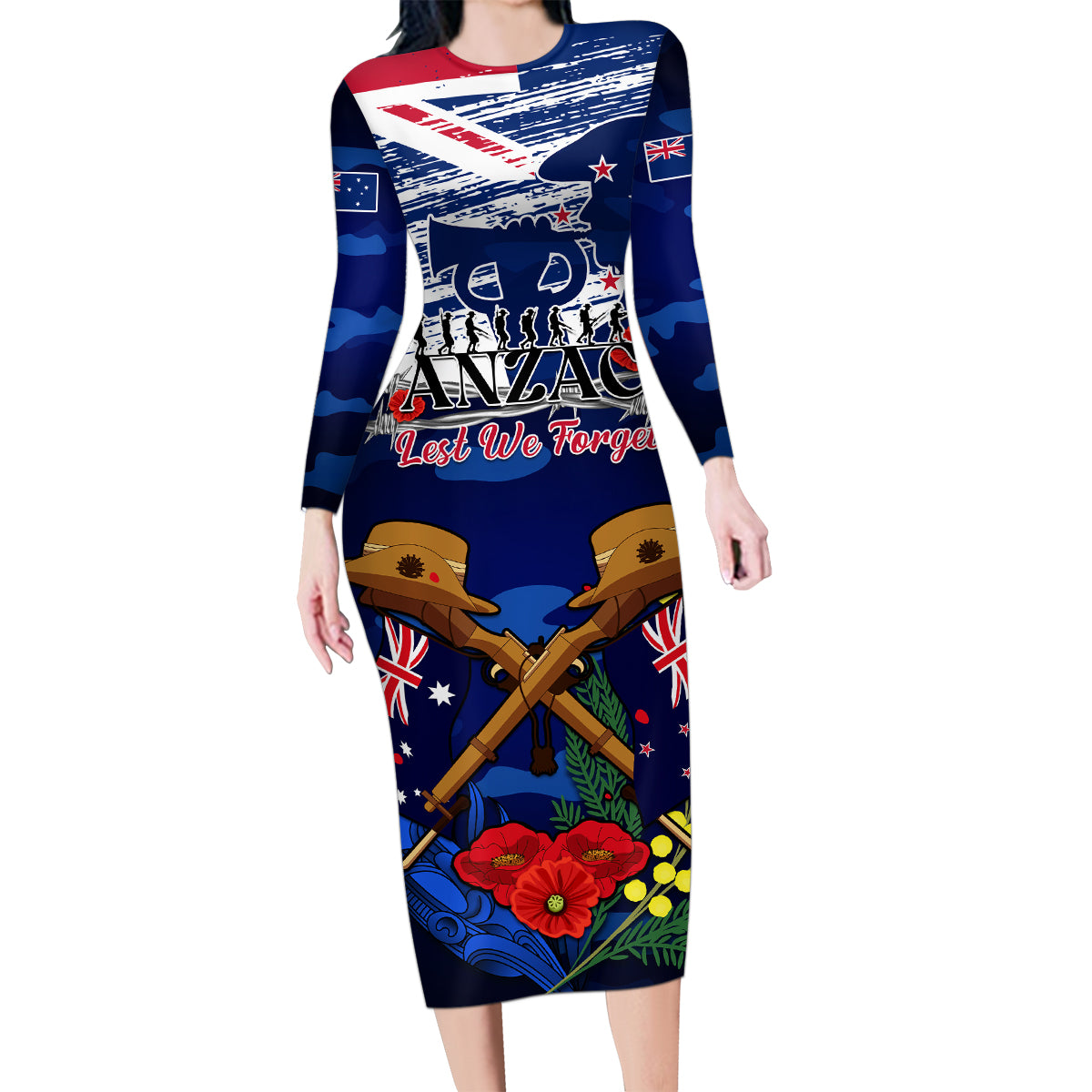 Australia And New Zealand ANZAC Day Family Matching Long Sleeve Bodycon Dress and Hawaiian Shirt Lest We Forget Silver Fern With Golden Wattle LT14 Mom's Dress Blue - Polynesian Pride