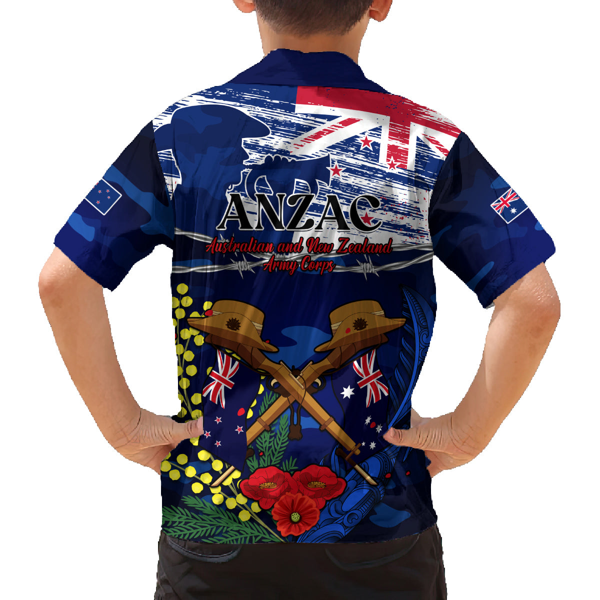 Australia And New Zealand ANZAC Day Family Matching Puletasi Dress and Hawaiian Shirt Lest We Forget Silver Fern With Golden Wattle LT14 - Polynesian Pride