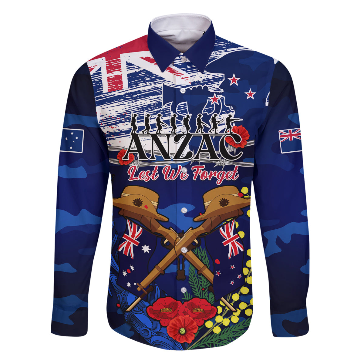 Australia And New Zealand ANZAC Day Family Matching Puletasi Dress and Hawaiian Shirt Lest We Forget Silver Fern With Golden Wattle LT14 Dad's Shirt - Long Sleeve Blue - Polynesian Pride