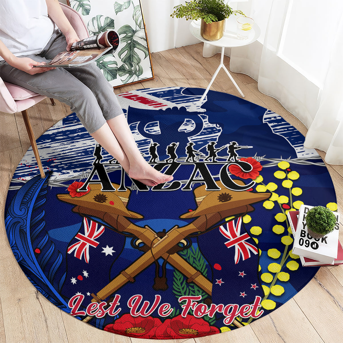 Australia And New Zealand ANZAC Day Round Carpet Lest We Forget Silver Fern With Golden Wattle LT14 - Polynesian Pride