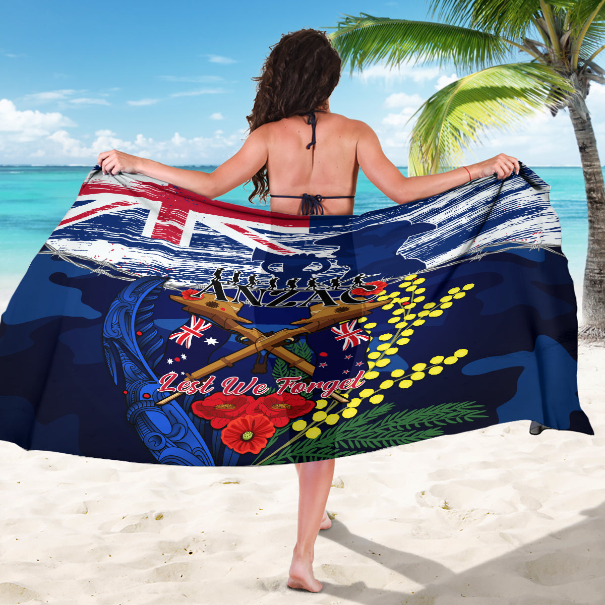 Australia And New Zealand ANZAC Day Sarong Lest We Forget Silver Fern With Golden Wattle LT14 - Polynesian Pride