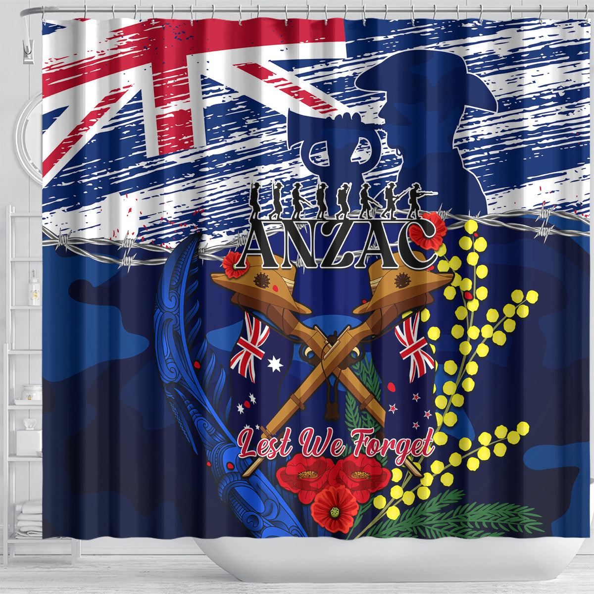 Australia And New Zealand ANZAC Day Shower Curtain Lest We Forget Silver Fern With Golden Wattle LT14 - Polynesian Pride