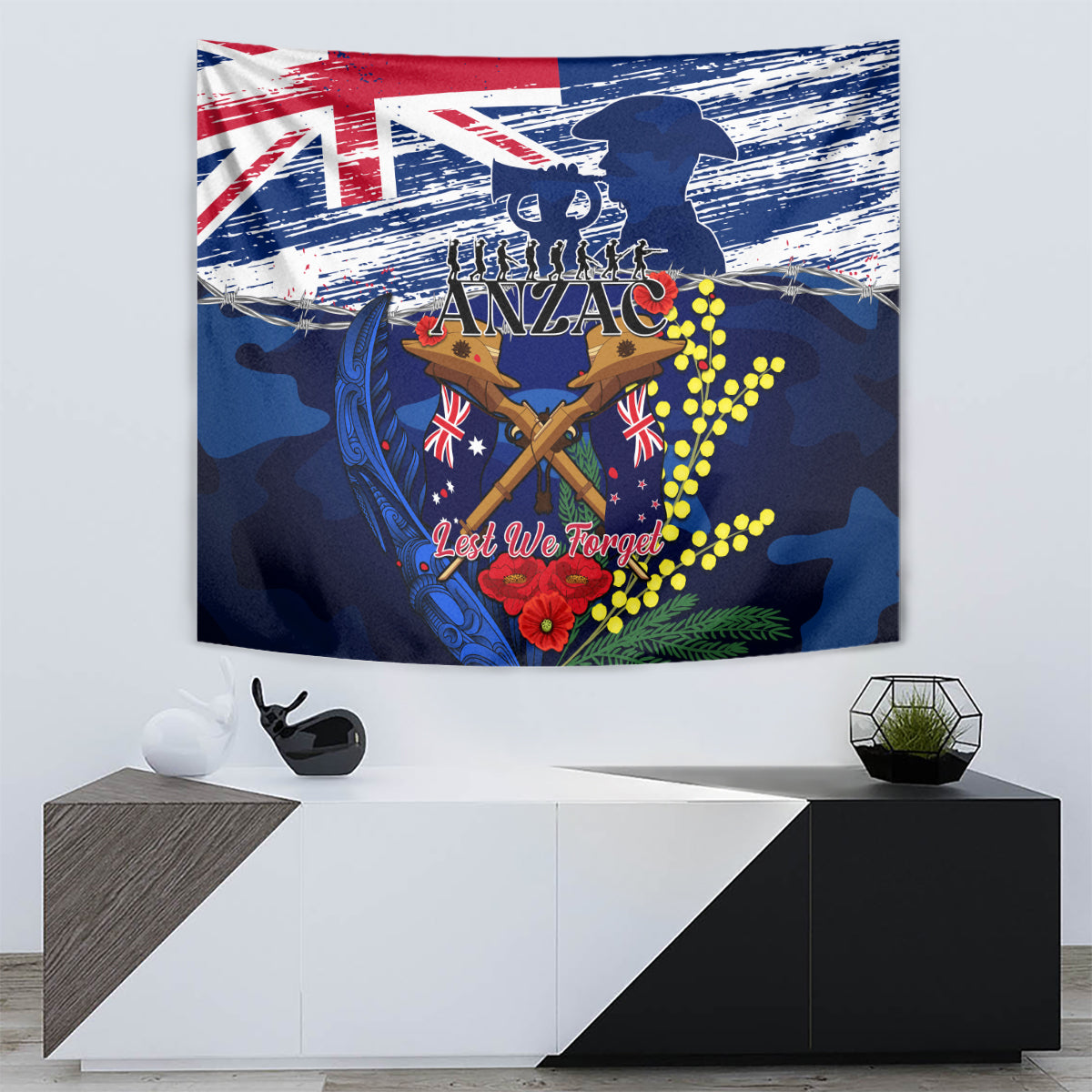 Australia And New Zealand ANZAC Day Tapestry Lest We Forget Silver Fern With Golden Wattle LT14 - Polynesian Pride
