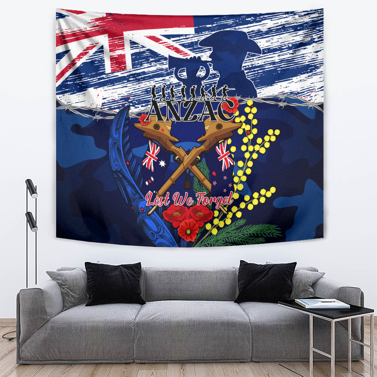 Australia And New Zealand ANZAC Day Tapestry Lest We Forget Silver Fern With Golden Wattle LT14 - Polynesian Pride