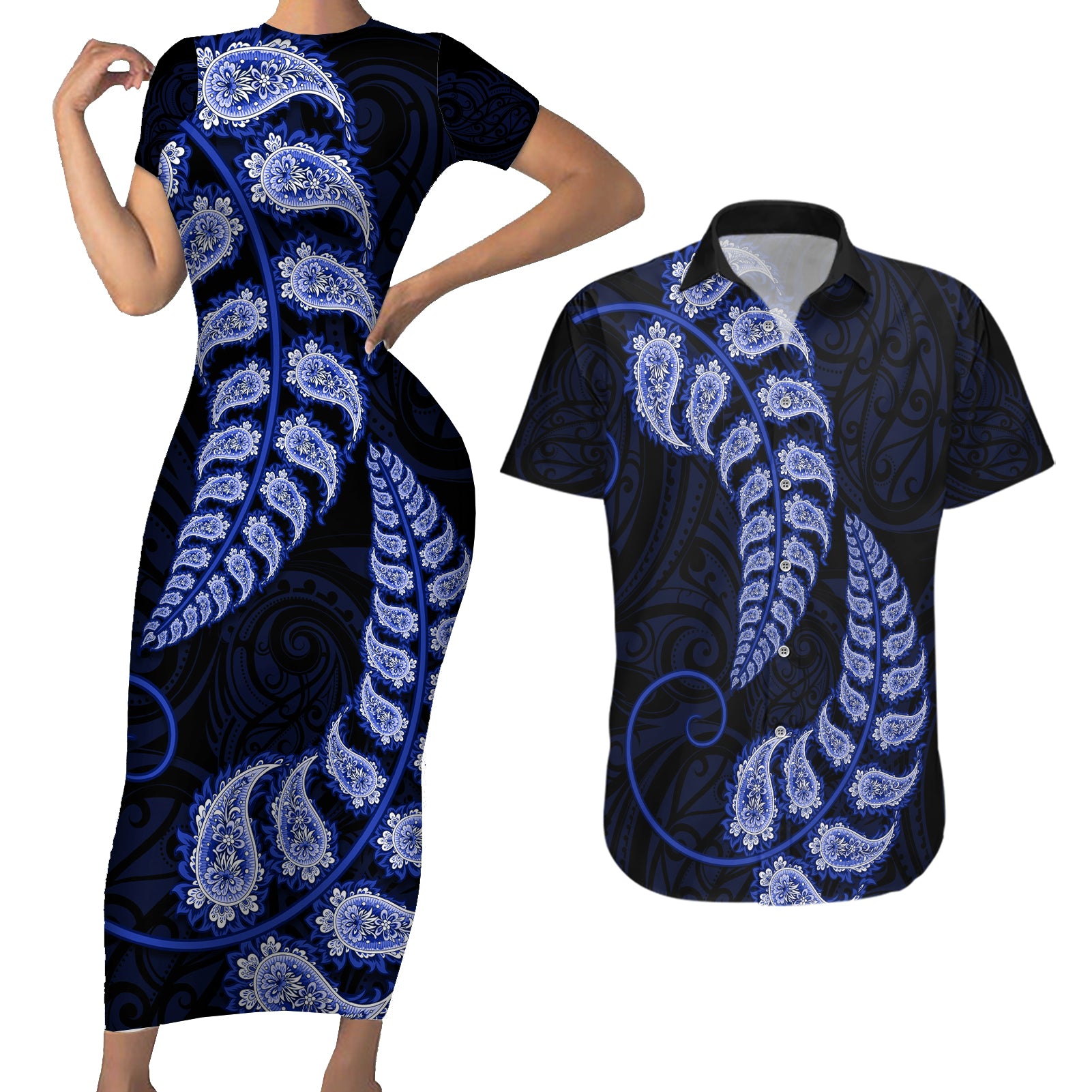 Blue New Zealand Paisley Silver Fern Couples Matching Short Sleeve Bodycon Dress and Hawaiian Shirt Aotearoa Maori LT14 Blue - Polynesian Pride