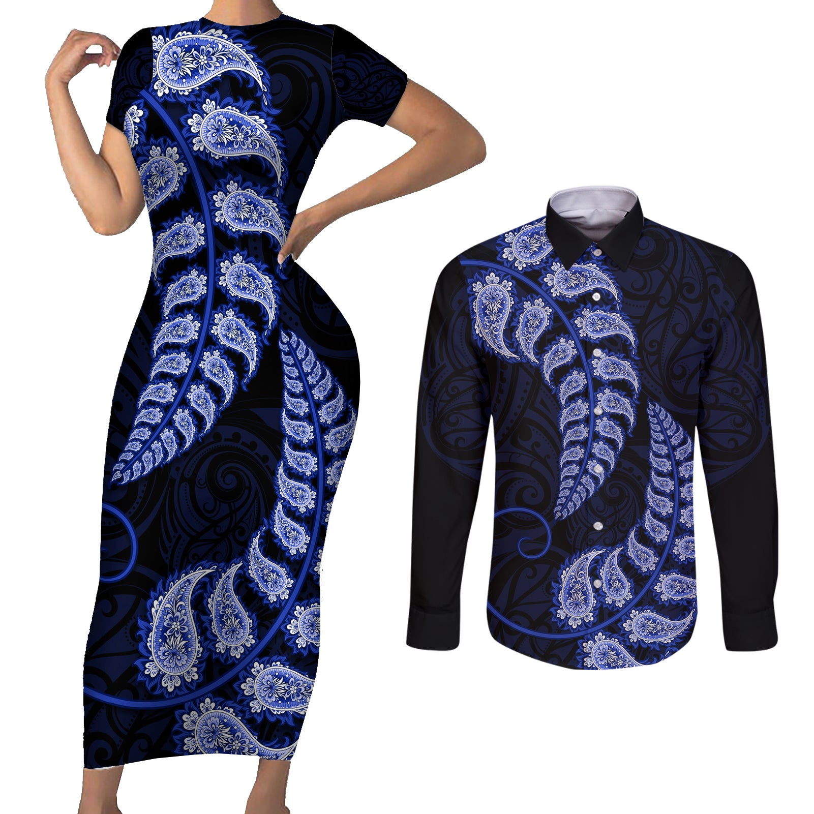 Blue New Zealand Paisley Silver Fern Couples Matching Short Sleeve Bodycon Dress and Long Sleeve Button Shirt Aotearoa Maori LT14 Blue - Polynesian Pride