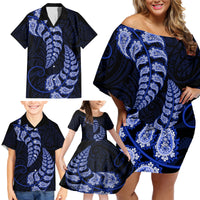 Blue New Zealand Paisley Silver Fern Family Matching Off Shoulder Short Dress and Hawaiian Shirt Aotearoa Maori LT14 - Polynesian Pride