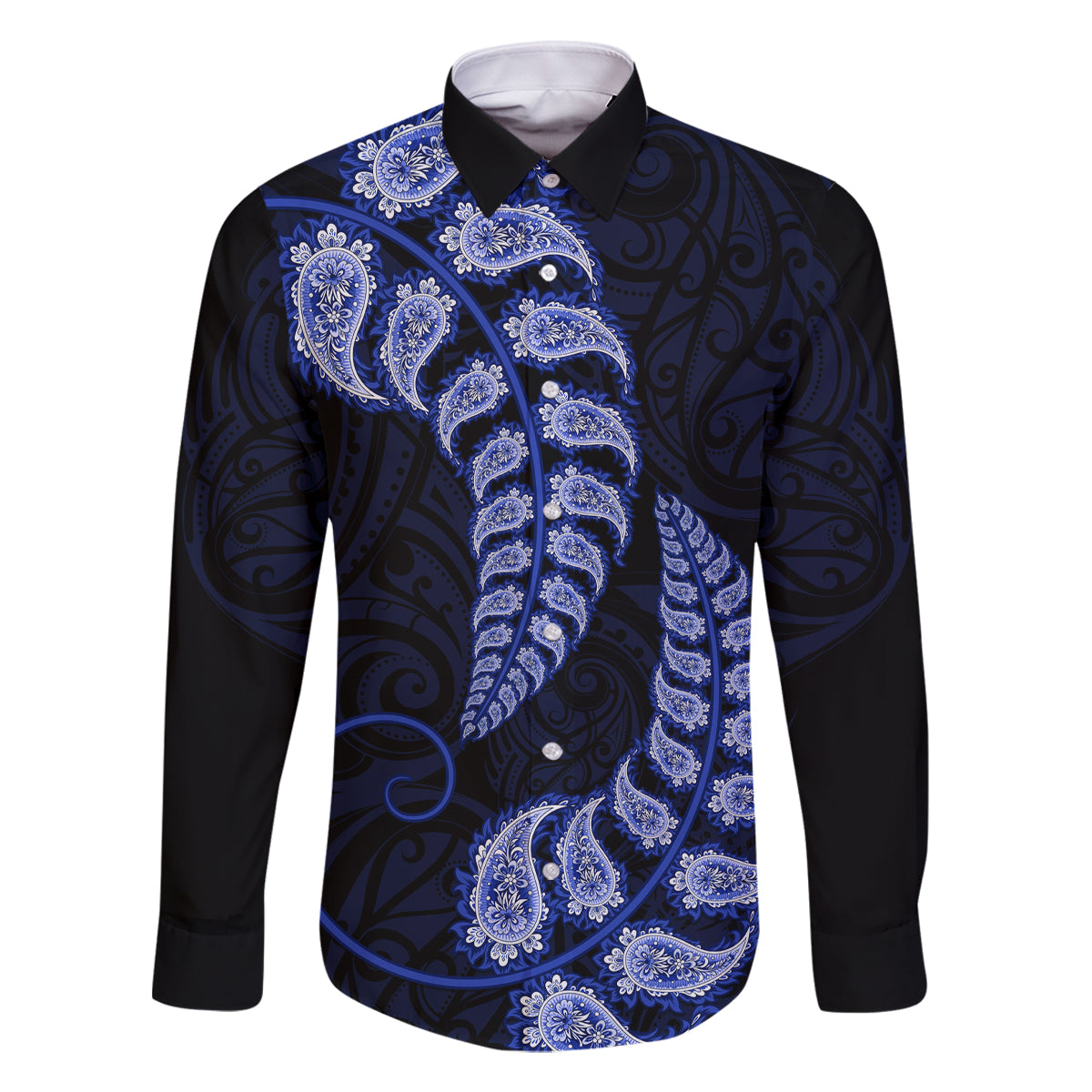 Blue New Zealand Paisley Silver Fern Family Matching Off Shoulder Short Dress and Hawaiian Shirt Aotearoa Maori LT14 Dad's Shirt - Long Sleeve Blue - Polynesian Pride
