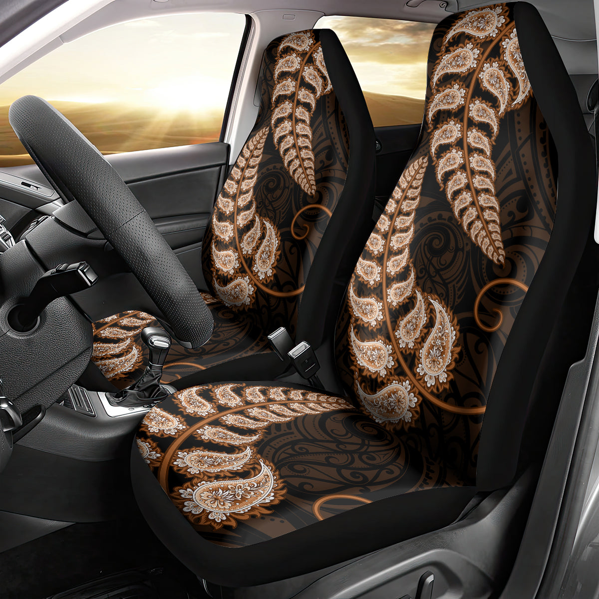 Brown New Zealand Paisley Silver Fern Car Seat Cover Aotearoa Maori LT14 - Polynesian Pride