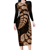 Brown New Zealand Paisley Silver Fern Family Matching Long Sleeve Bodycon Dress and Hawaiian Shirt Aotearoa Maori LT14 Mom's Dress Brown - Polynesian Pride