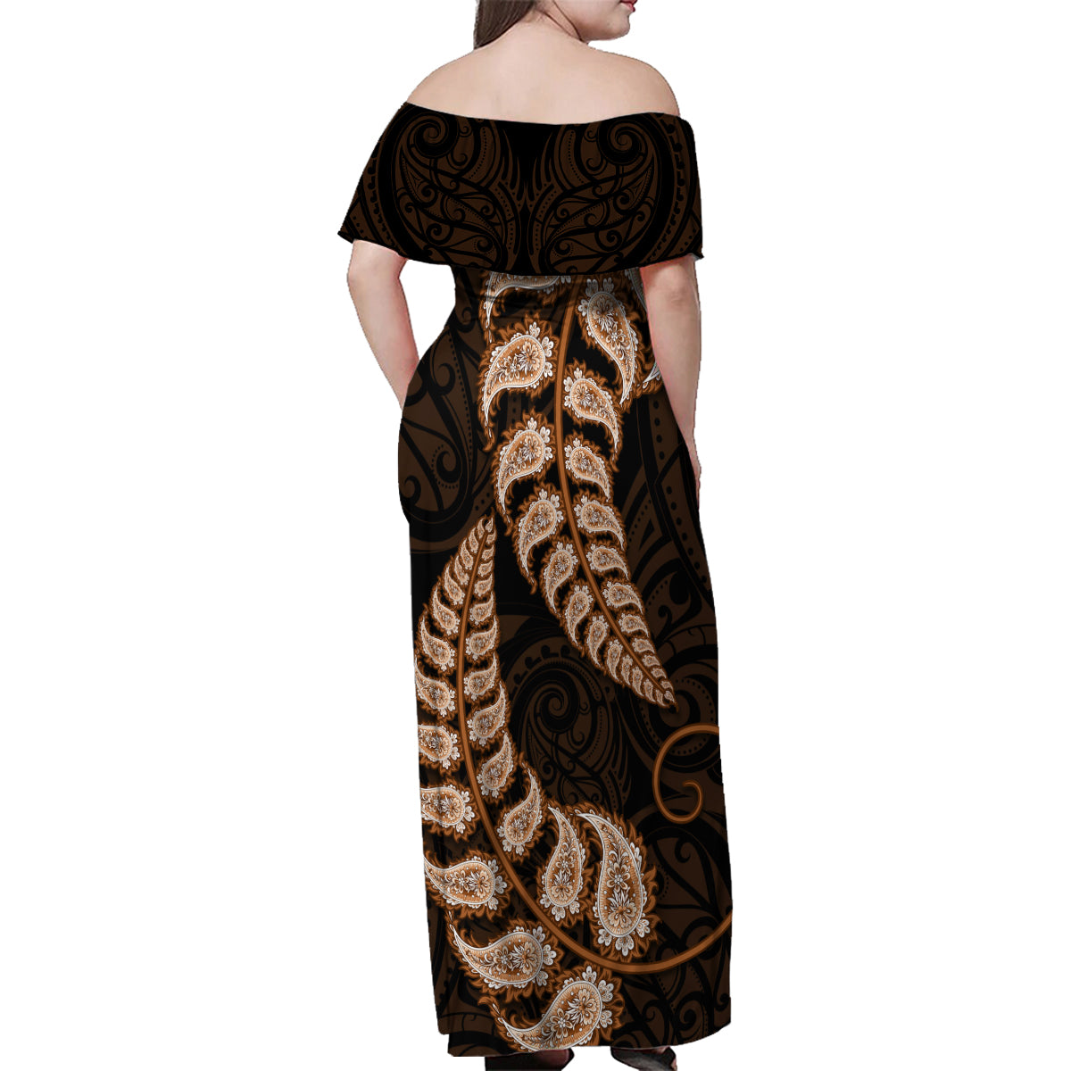 Brown New Zealand Paisley Silver Fern Family Matching Off Shoulder Maxi Dress and Hawaiian Shirt Aotearoa Maori LT14 - Polynesian Pride