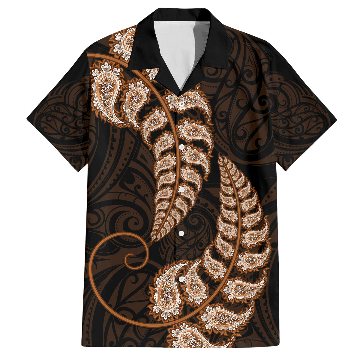 Brown New Zealand Paisley Silver Fern Family Matching Puletasi Dress and Hawaiian Shirt Aotearoa Maori LT14 Dad's Shirt - Short Sleeve Brown - Polynesian Pride