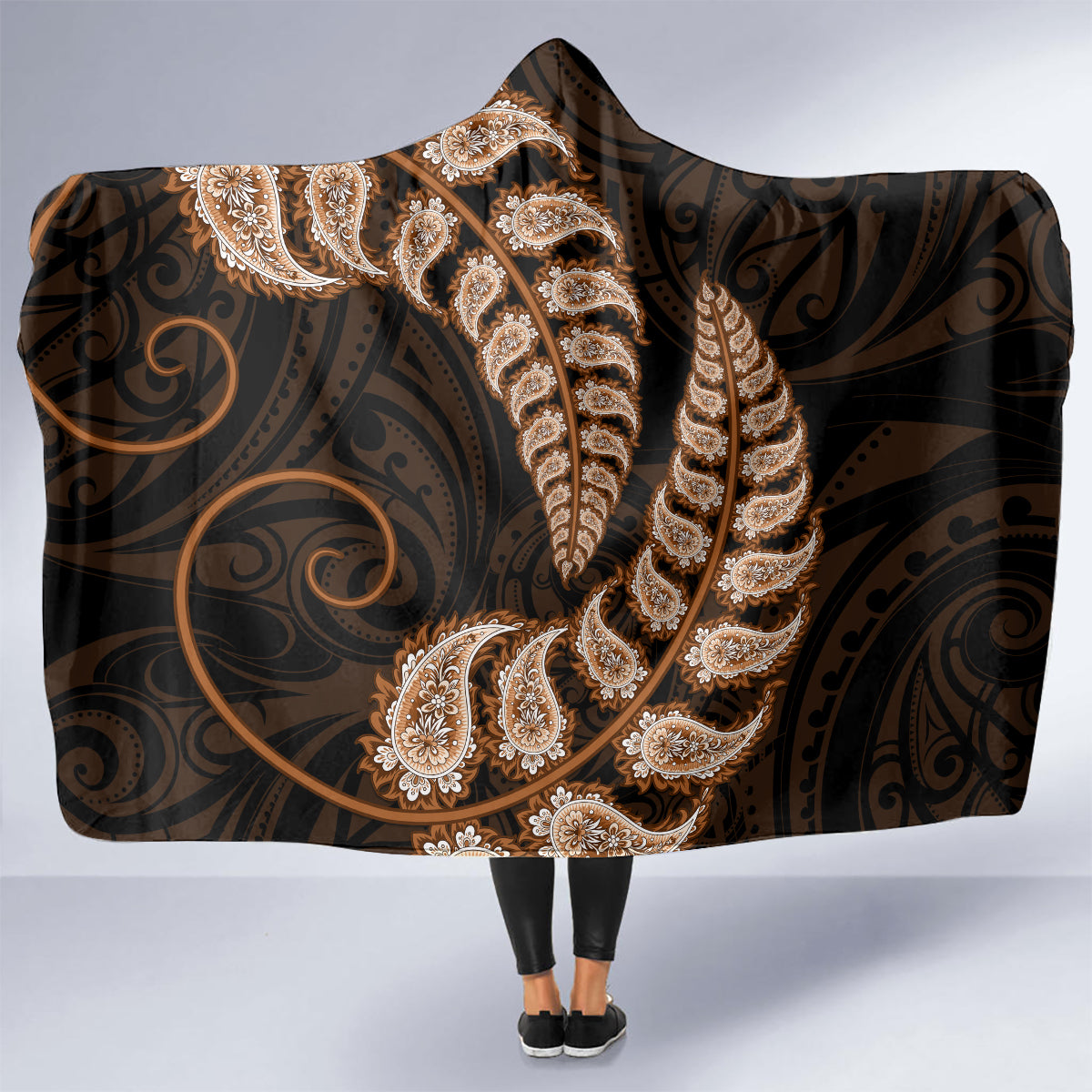 Brown New Zealand Paisley Silver Fern Hooded Blanket Aotearoa Maori LT14 - Polynesian Pride