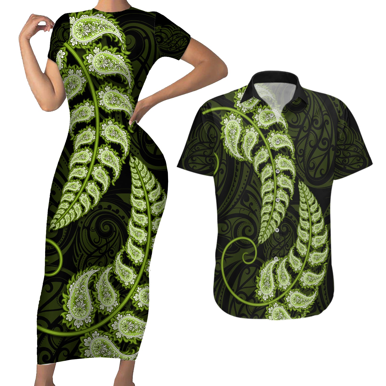 Green New Zealand Paisley Silver Fern Couples Matching Short Sleeve Bodycon Dress and Hawaiian Shirt Aotearoa Maori LT14 Green - Polynesian Pride