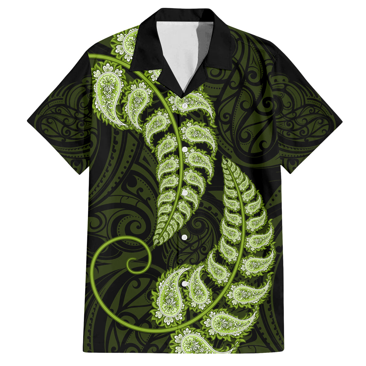 Green New Zealand Paisley Silver Fern Family Matching Long Sleeve Bodycon Dress and Hawaiian Shirt Aotearoa Maori LT14 Dad's Shirt - Short Sleeve Green - Polynesian Pride