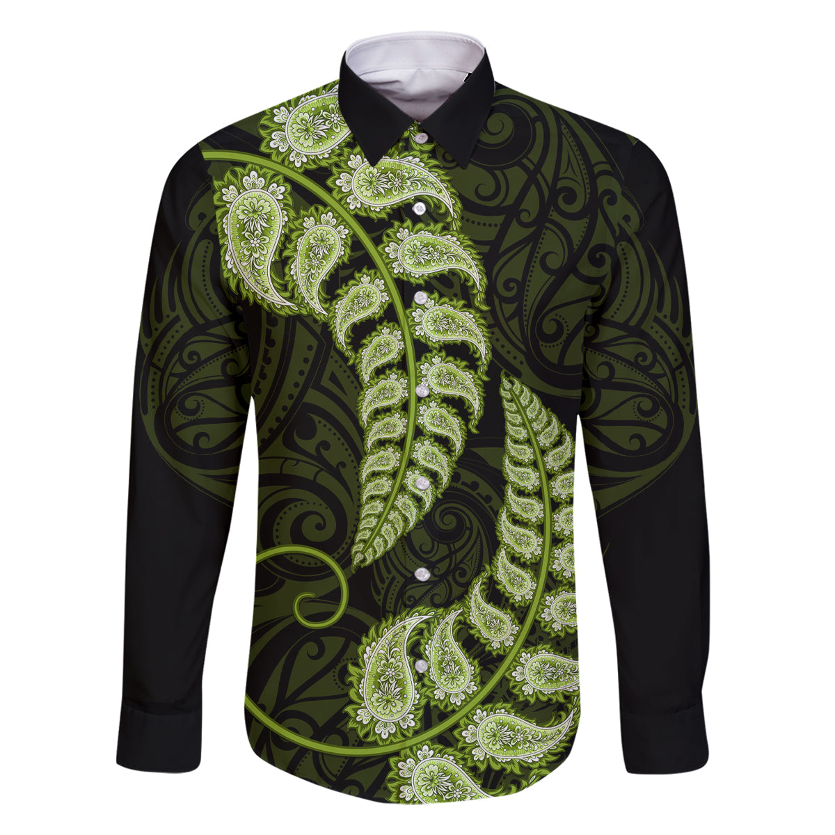 Green New Zealand Paisley Silver Fern Family Matching Long Sleeve Bodycon Dress and Hawaiian Shirt Aotearoa Maori LT14 Dad's Shirt - Long Sleeve Green - Polynesian Pride