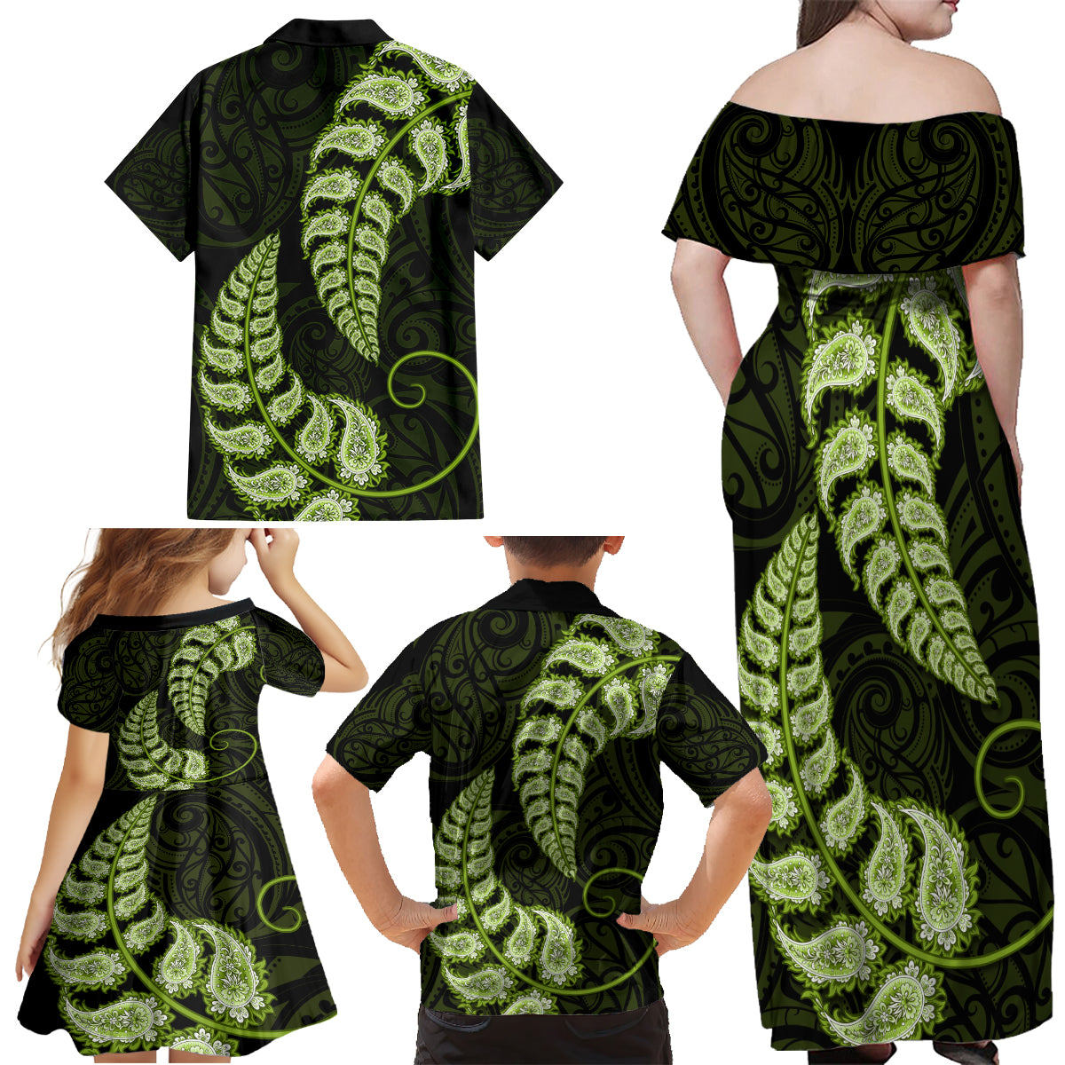 Green New Zealand Paisley Silver Fern Family Matching Off Shoulder Maxi Dress and Hawaiian Shirt Aotearoa Maori LT14 - Polynesian Pride