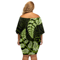 Green New Zealand Paisley Silver Fern Family Matching Off Shoulder Short Dress and Hawaiian Shirt Aotearoa Maori LT14 - Polynesian Pride