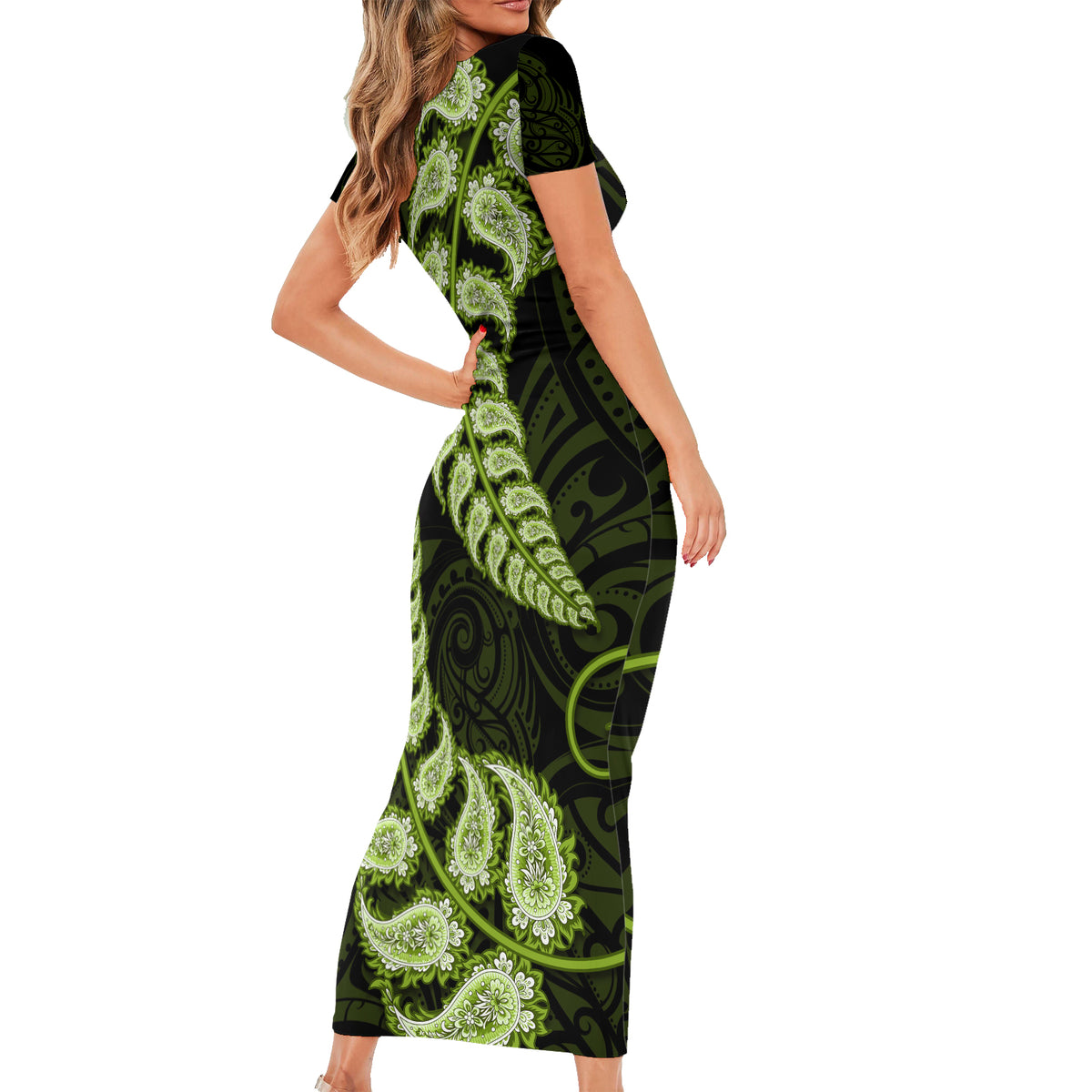 Green New Zealand Paisley Silver Fern Family Matching Short Sleeve Bodycon Dress and Hawaiian Shirt Aotearoa Maori LT14 - Polynesian Pride