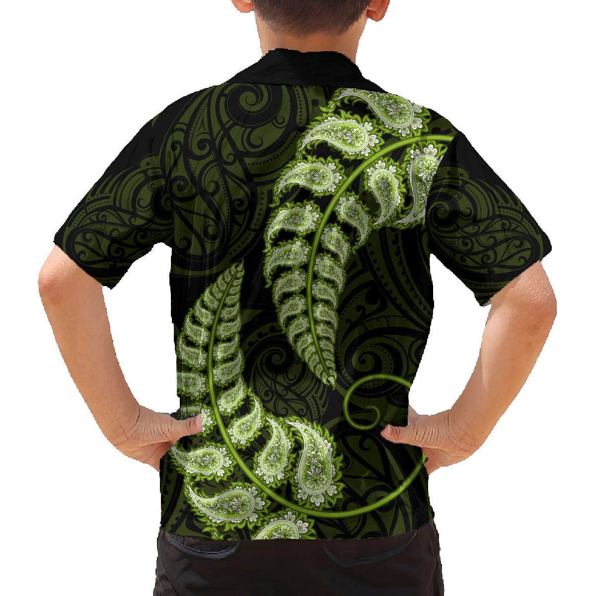Green New Zealand Paisley Silver Fern Family Matching Tank Maxi Dress and Hawaiian Shirt Aotearoa Maori LT14 - Polynesian Pride