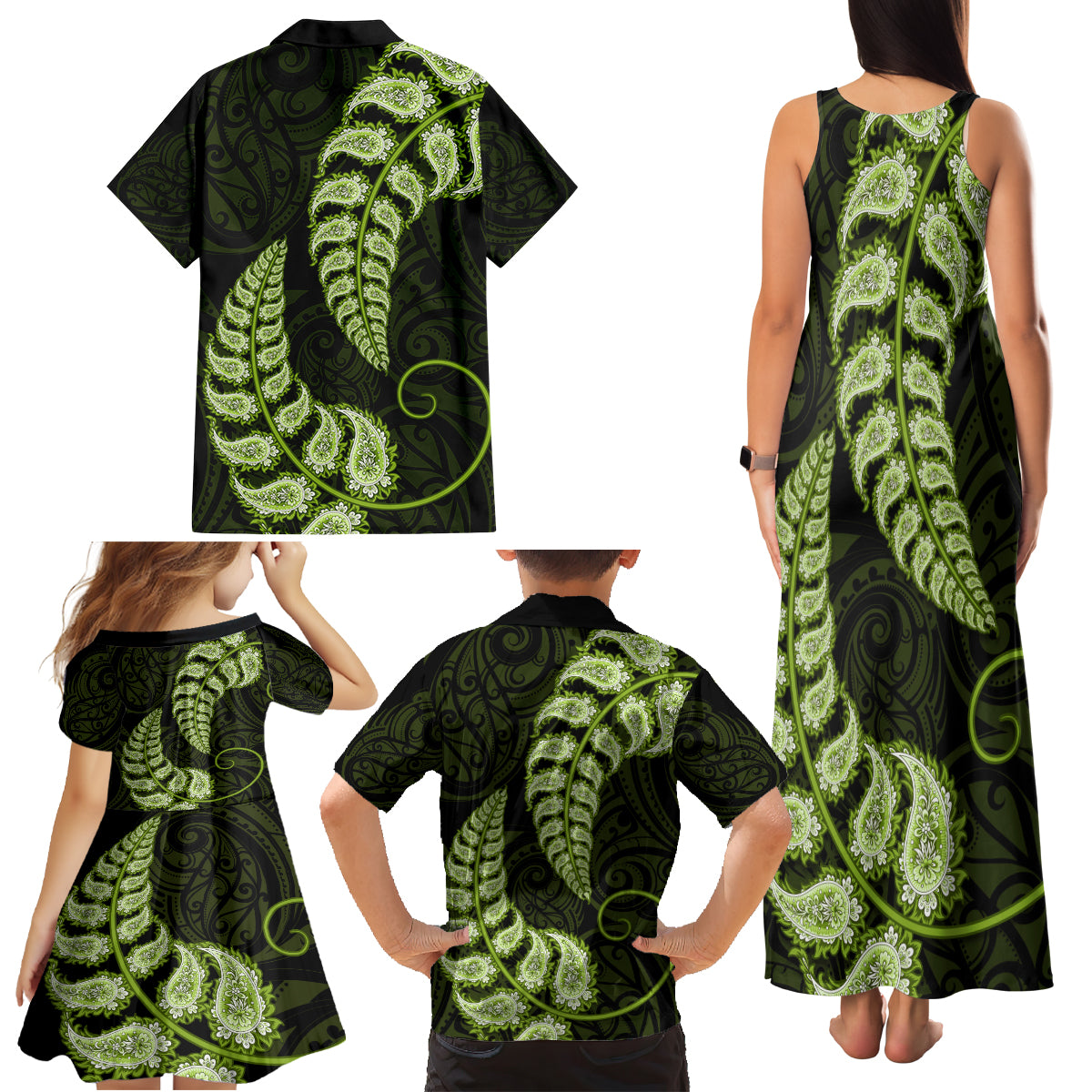 Green New Zealand Paisley Silver Fern Family Matching Tank Maxi Dress and Hawaiian Shirt Aotearoa Maori LT14 - Polynesian Pride