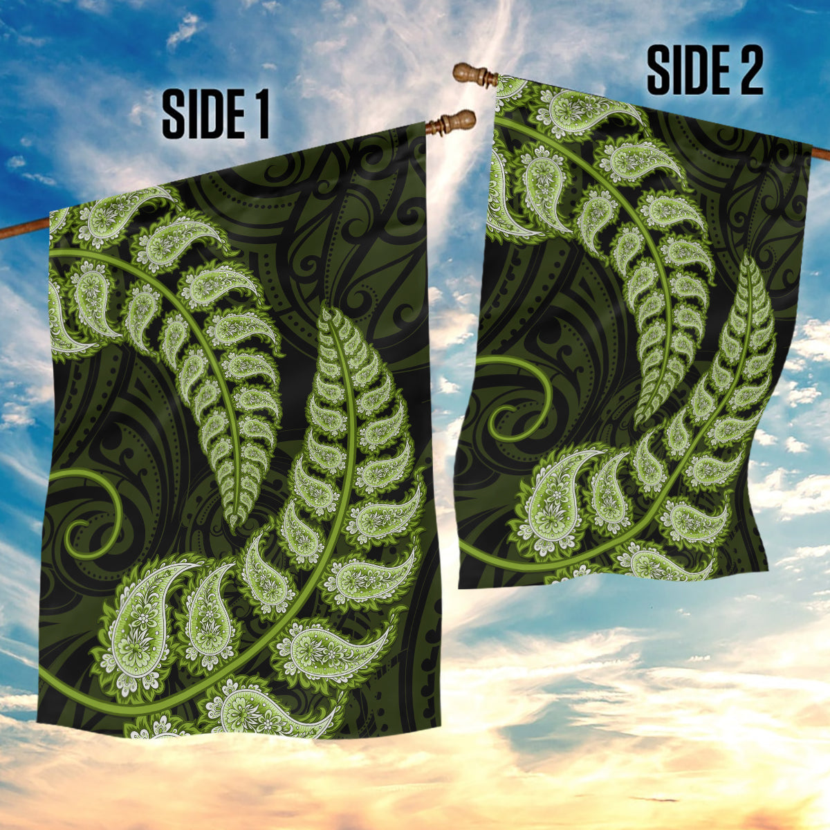 Green New Zealand Paisley Silver Fern Garden Flag Aotearoa Maori LT14 - Polynesian Pride