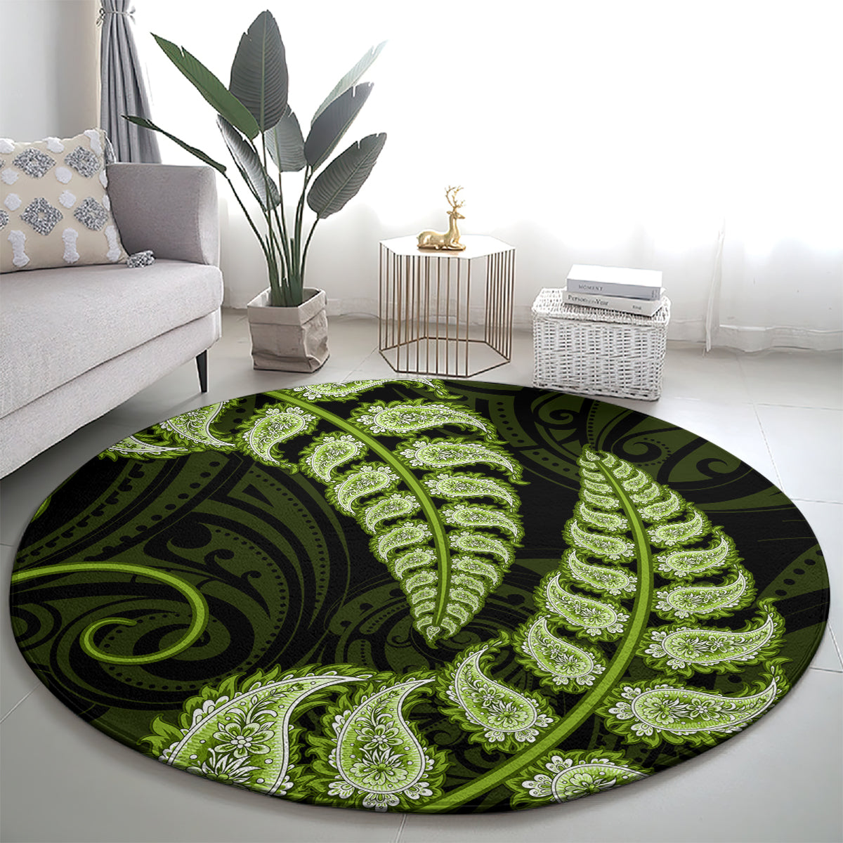 Green New Zealand Paisley Silver Fern Round Carpet Aotearoa Maori LT14 - Polynesian Pride