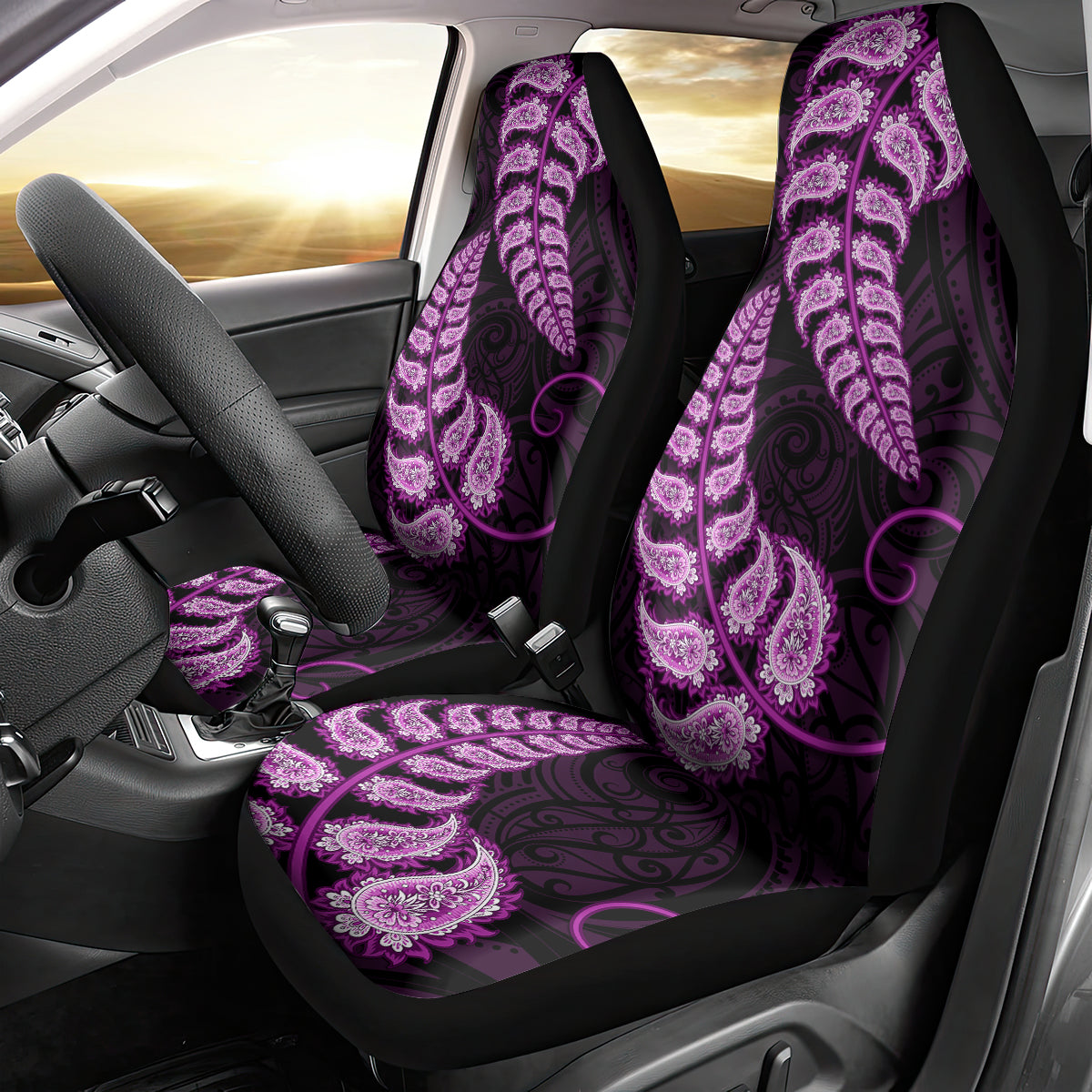 Purple New Zealand Paisley Silver Fern Car Seat Cover Aotearoa Maori LT14 - Polynesian Pride