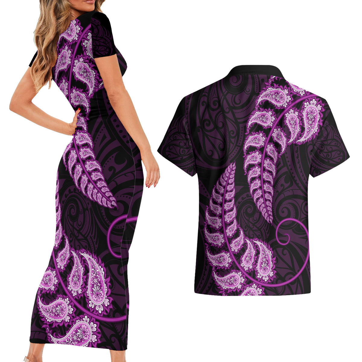 Purple New Zealand Paisley Silver Fern Couples Matching Short Sleeve Bodycon Dress and Hawaiian Shirt Aotearoa Maori LT14 - Polynesian Pride