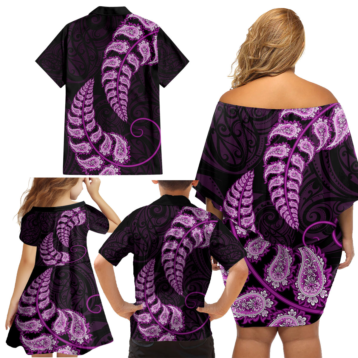 Purple New Zealand Paisley Silver Fern Family Matching Off Shoulder Short Dress and Hawaiian Shirt Aotearoa Maori LT14 - Polynesian Pride